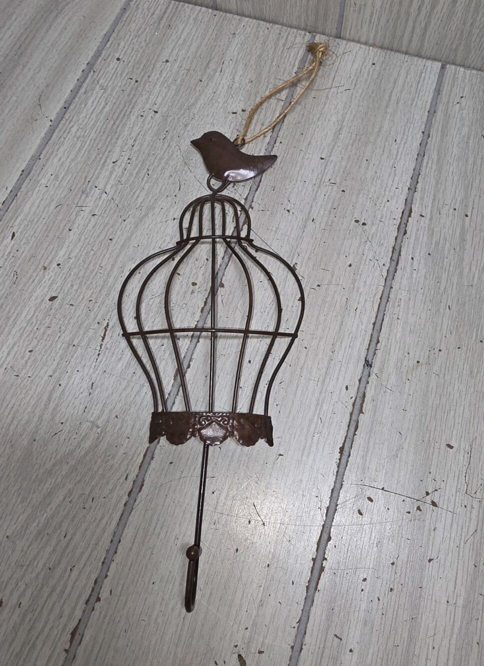 Vtg Bird On Cage Coat Hook Hat Towel Dog/Cat Leash Hanger Metal Cottagecore